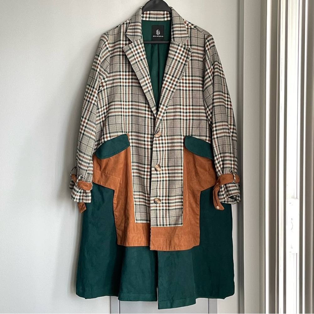 BERTH NUMBER 66 Plaid Trench Coat with Brown and Green Accents